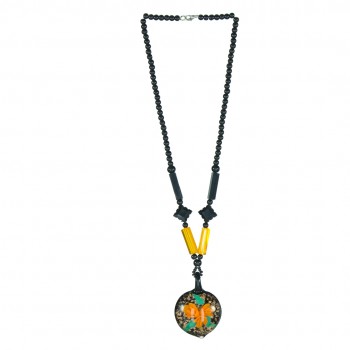 Gorgeous Flaming Orange Flower Encased In A Glittering Heart Glass Pendant Necklace With Green Ferns