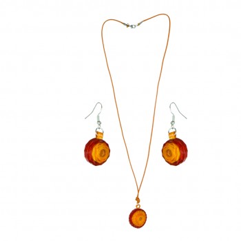 Flaming Orange Coupled With Bright Red Fabulous Circle Shaped Pendant Neckpiece With Matching Earrings And Leather Thread